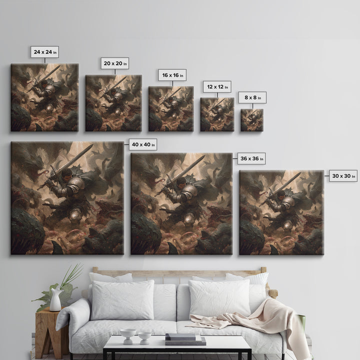Armored Warrior Battling Monsters With Sword, Dark Fantasy Wall Art, Medieval Knight Canvas Print, Gothic Dungeon Decor Gift