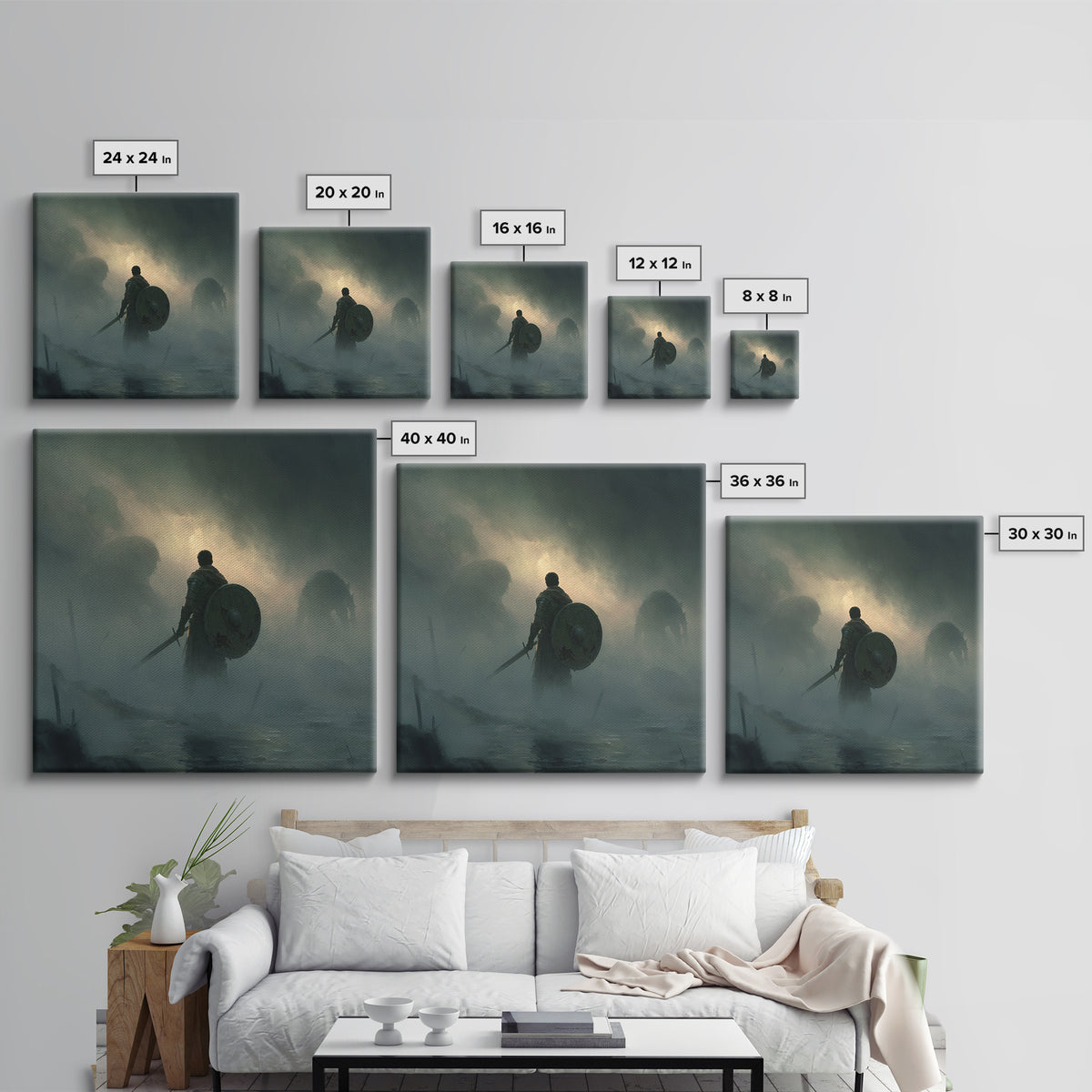 Lone Knight Facing Shadow Giants In Fog, Moody Fantasy Wall Art, Medieval Warrior Canvas Print, Dark Academia Decor Gift