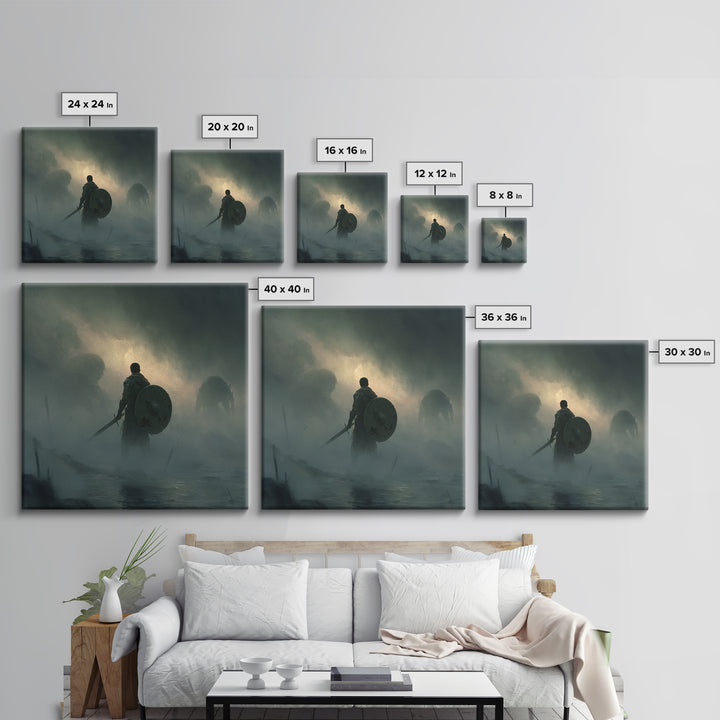 Lone Knight Facing Shadow Giants In Fog, Moody Fantasy Wall Art, Medieval Warrior Canvas Print, Dark Academia Decor Gift