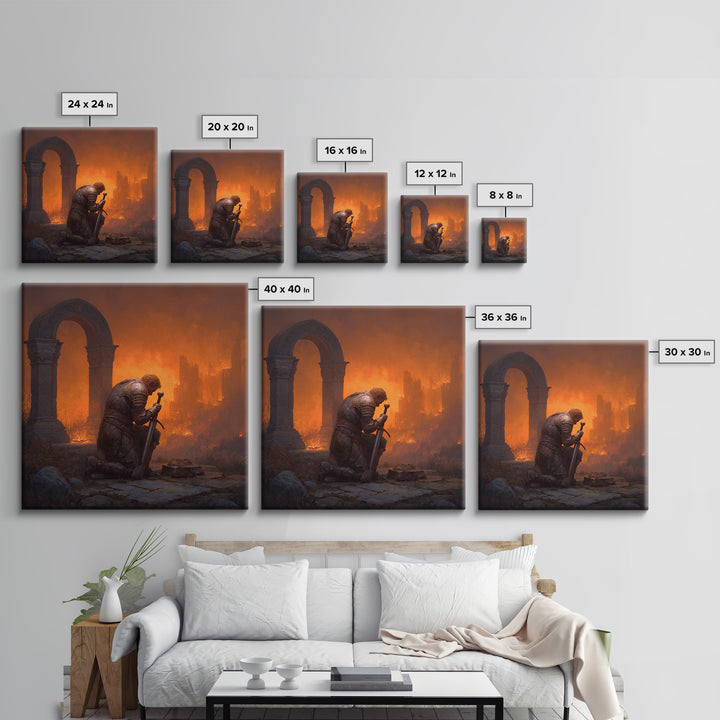 Knight Praying Beside Sword In Burning Ruins, Dark Fantasy Wall Art, Medieval Canvas Print, Gothic Castle Decor Gift For Him