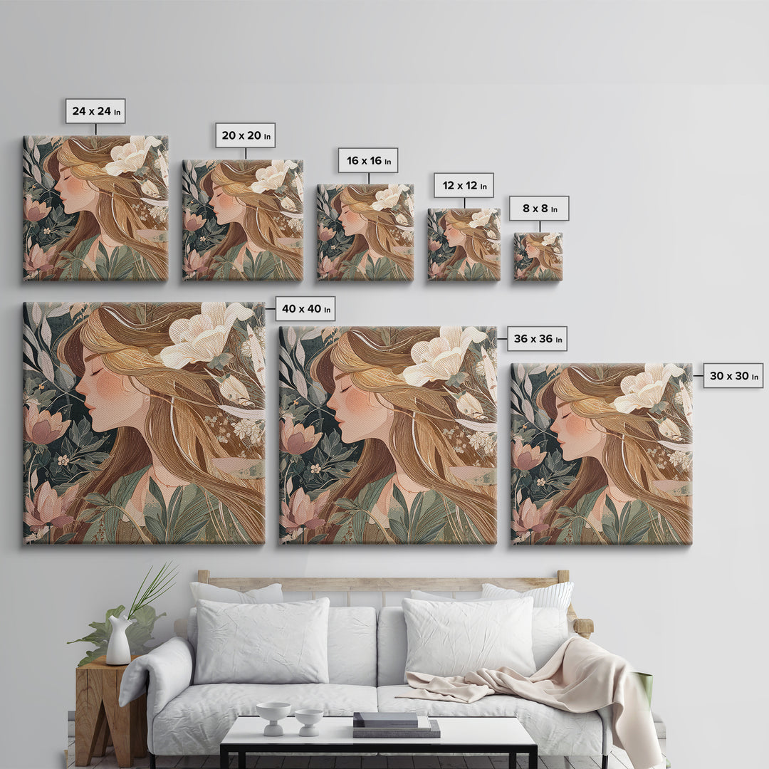 Blonde Woman In Blooming Garden Wall Art, Art Nouveau Floral Canvas Print, Feminine Botanical Decor, Romantic Bedroom Art