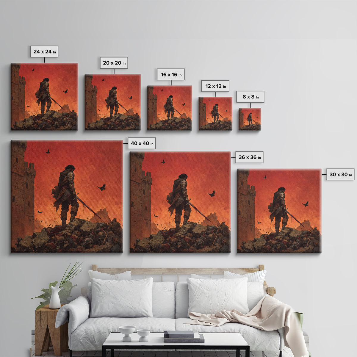 Lone Medieval Warrior On Red Battlefield Wall Art, Dark Fantasy Castle Canvas, Gothic Knight Decor, Dramatic Game Room Print