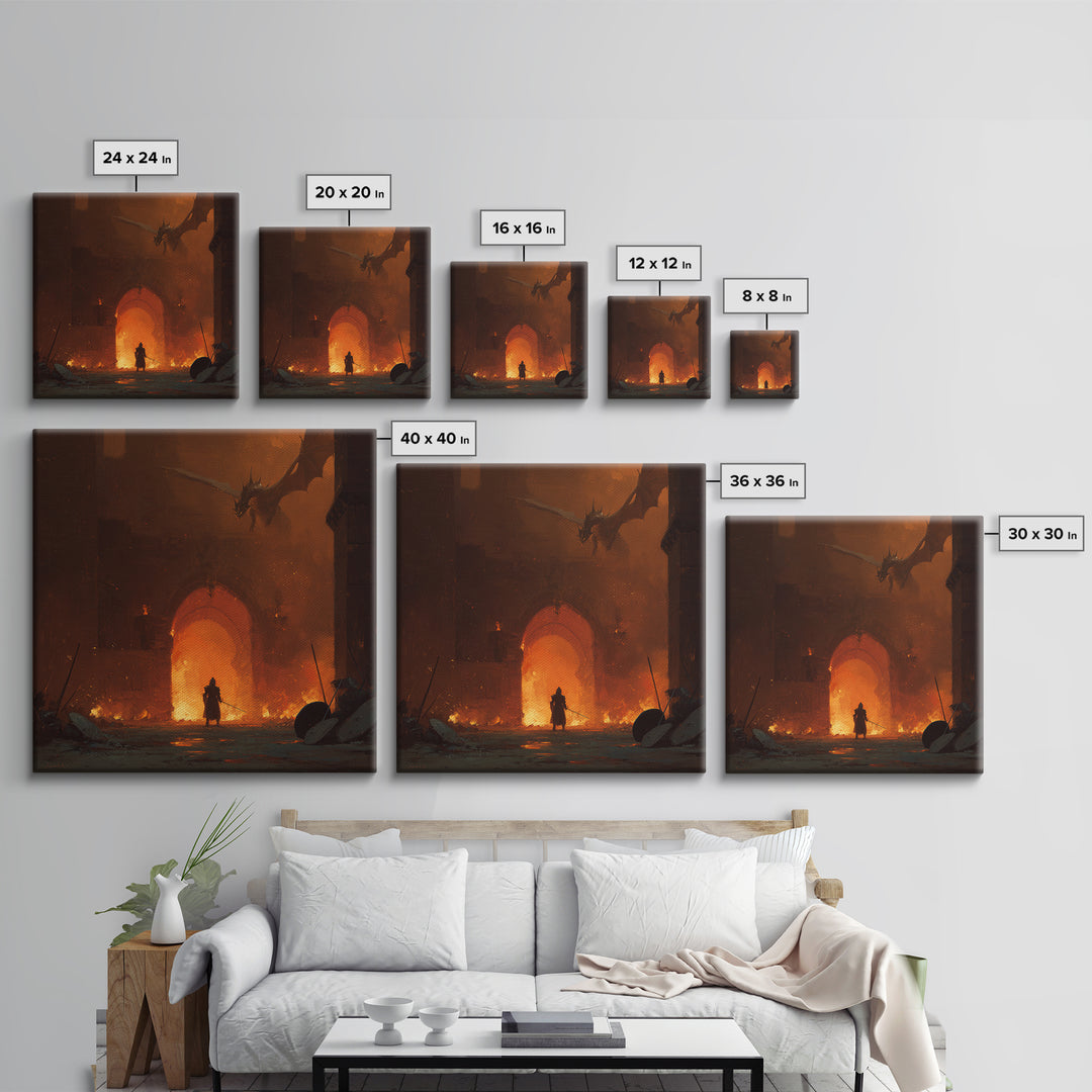 Dragon Above Burning Castle Gate Framed Canvas Print, Dark Fantasy Wall Art, Medieval Warrior Decor, Gothic Game Room Poster