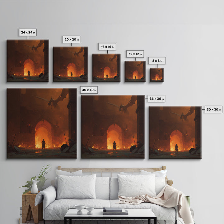 Dragon Above Burning Castle Gate Framed Canvas Print, Dark Fantasy Wall Art, Medieval Warrior Decor, Gothic Game Room Poster