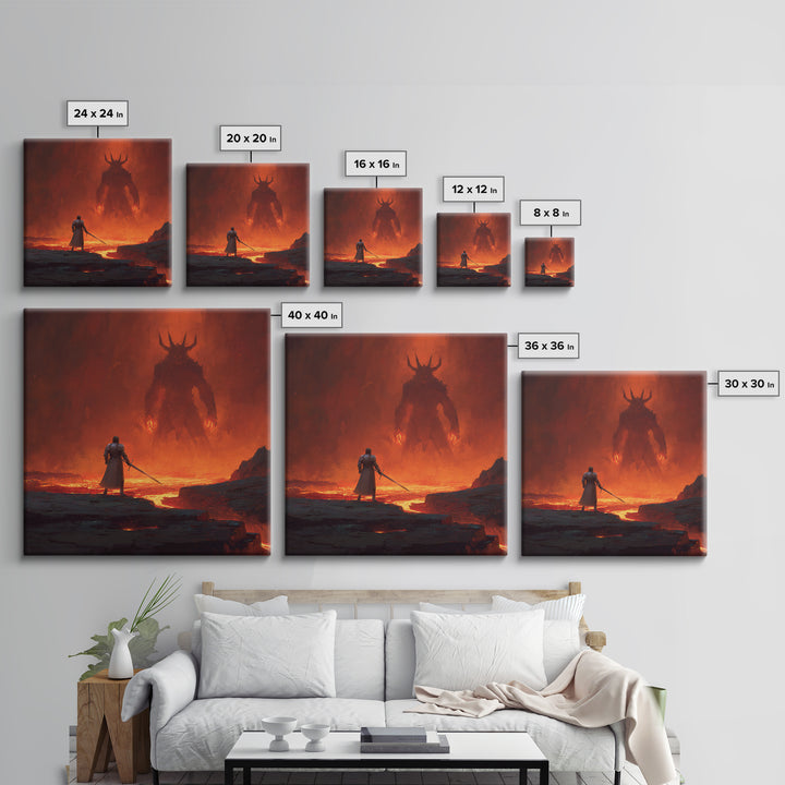 Knight Facing Fiery Demon In Lava Realm Canvas Print, Dark Fantasy Wall Art, Gothic Battle Decor, Epic Gaming Room Poster