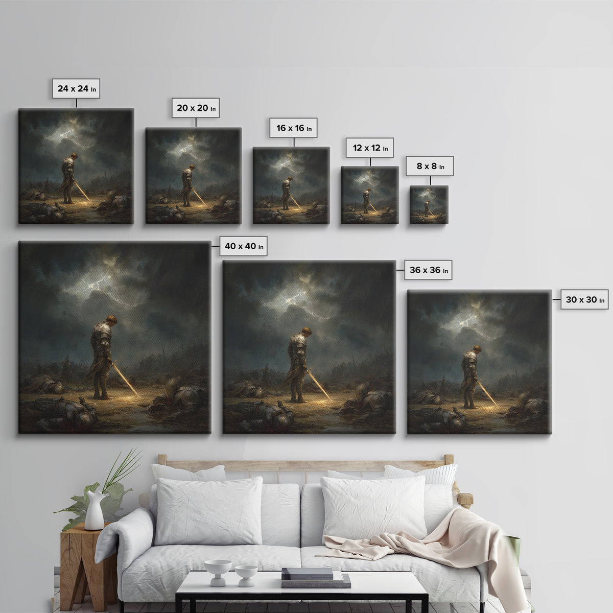 Stormlit Knight With Glowing Sword Wall Art, Dark Fantasy Battlefield Print, Gothic Medieval Decor, Dramatic Office Wall Art