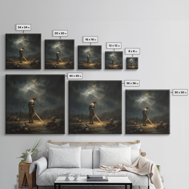 Stormlit Knight With Glowing Sword Wall Art, Dark Fantasy Battlefield Print, Gothic Medieval Decor, Dramatic Office Wall Art