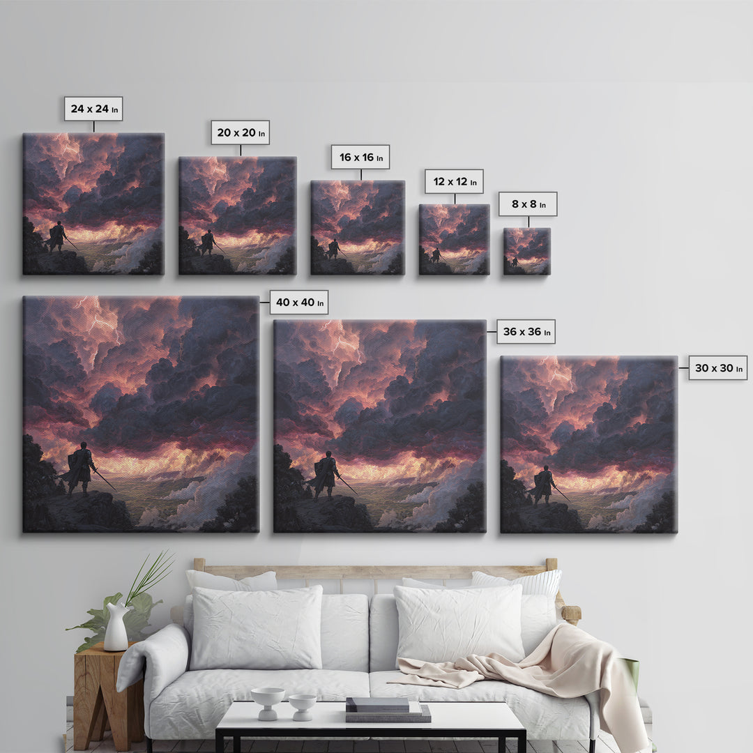 Warrior Beneath Thundercloud Sky Canvas Print, Dramatic Fantasy Landscape Wall Art, Lightning Storm Decor, Moody Wall Decor
