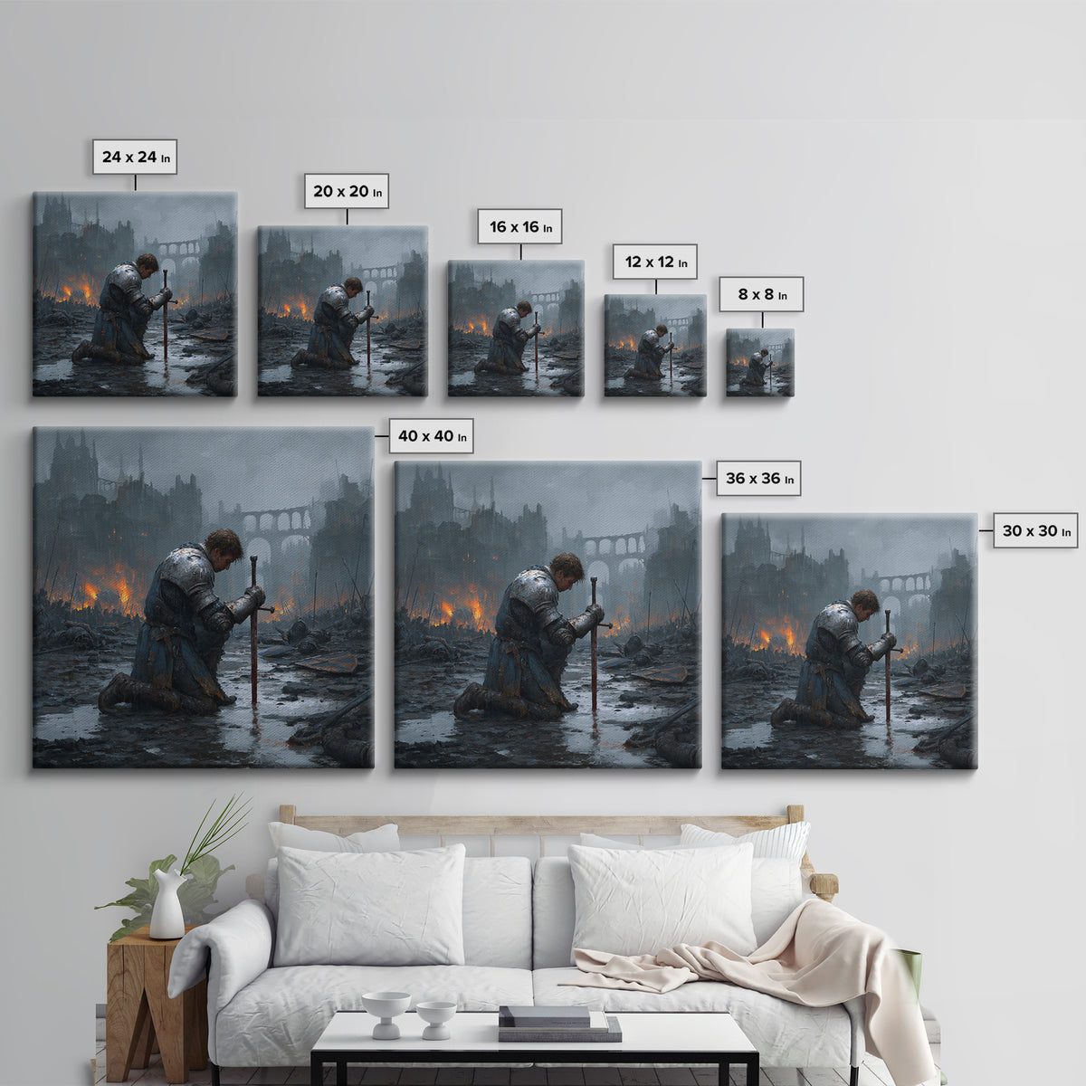 Kneeling Knight In Rainy Ruins Framed Canvas Print, Dark Fantasy Wall Art, Medieval Castle Decor, Moody Battlefield Art Print