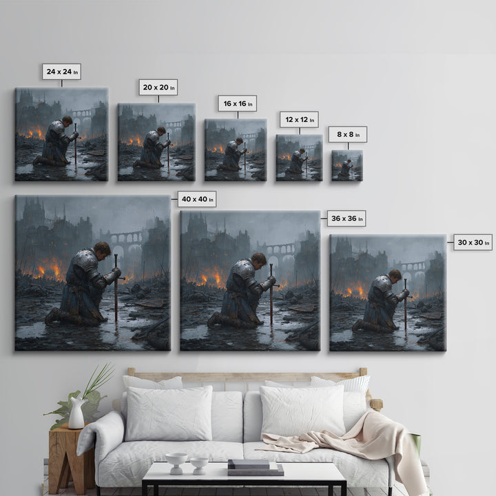 Kneeling Knight In Rainy Ruins Framed Canvas Print, Dark Fantasy Wall Art, Medieval Castle Decor, Moody Battlefield Art Print