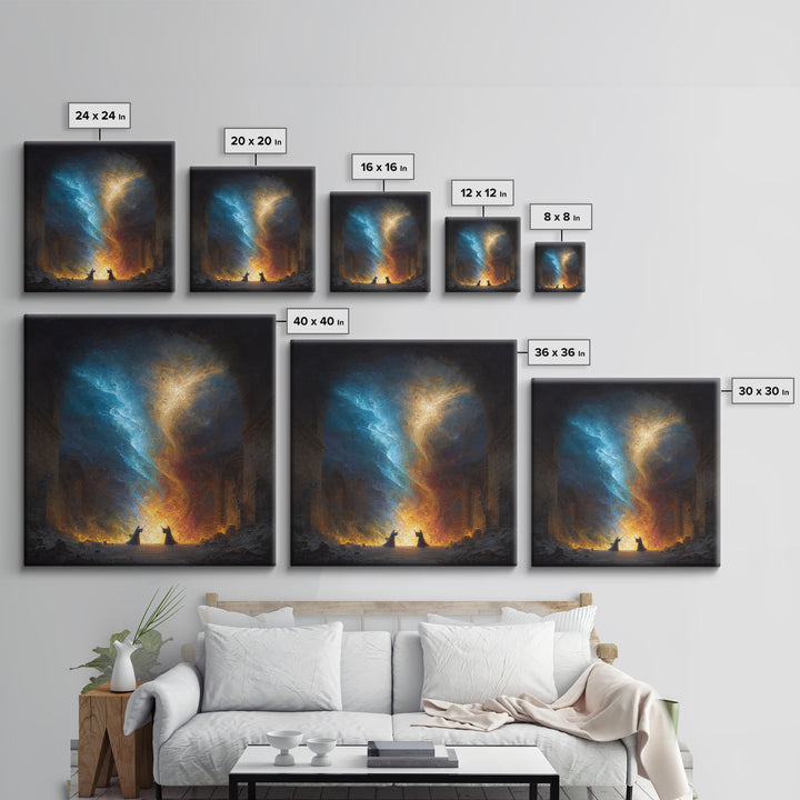 Twin Mages Casting Blue Gold Spell Canvas Print, Fantasy Magic Wall Art, Mystical Abstract Energy Decor, Wizard Wall Art