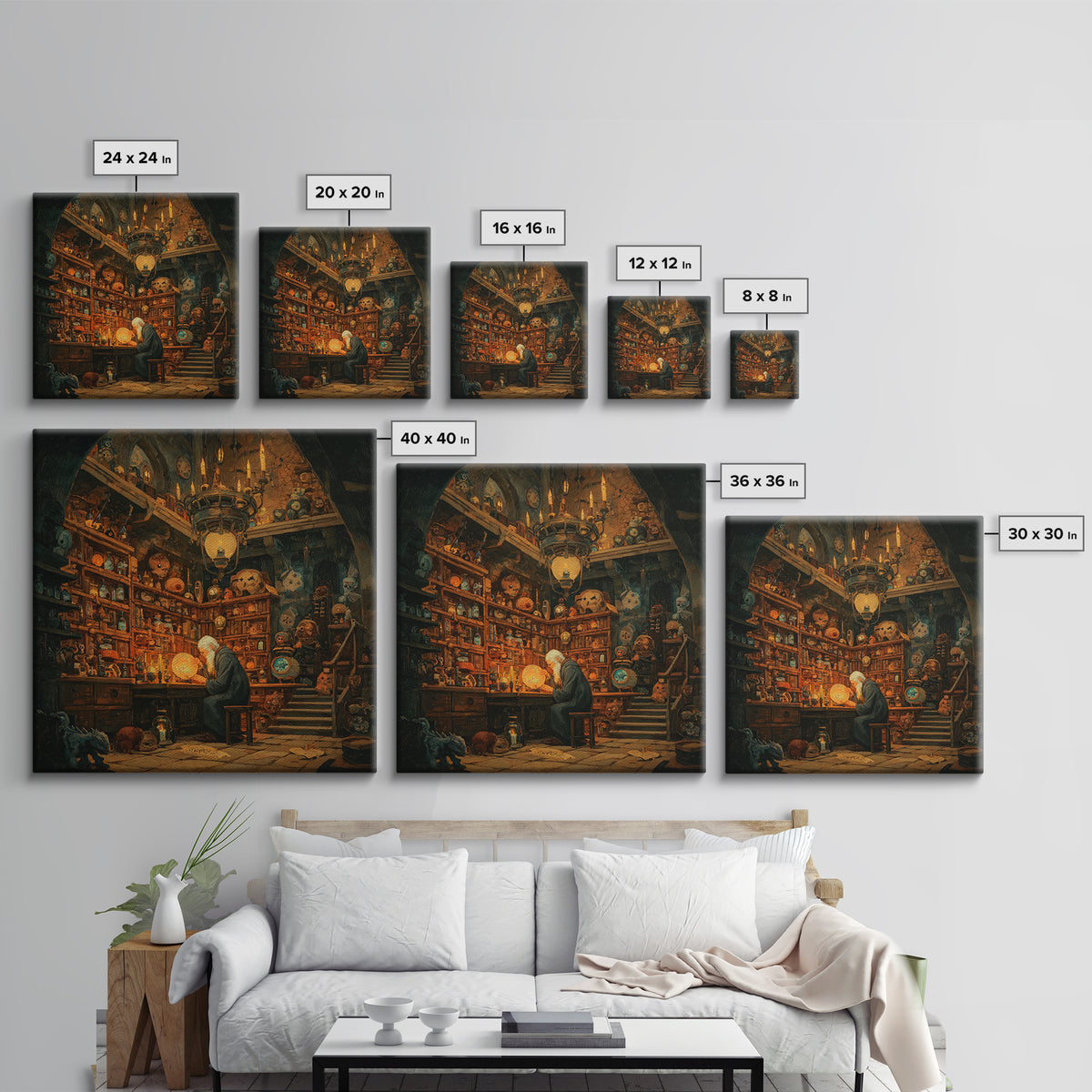 Old Wizard In Magical Curiosity Shop Wall Art, Fantasy Library Decor, Whimsical Alchemist Canvas, Dark Academia Home Decor Print
