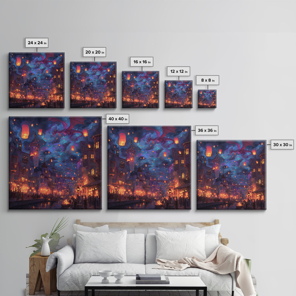 Purple Dragon Over Lantern Festival Wall Art, Whimsical Fantasy City Canvas, Magical Night Decor, Colorful Kids Room Poster