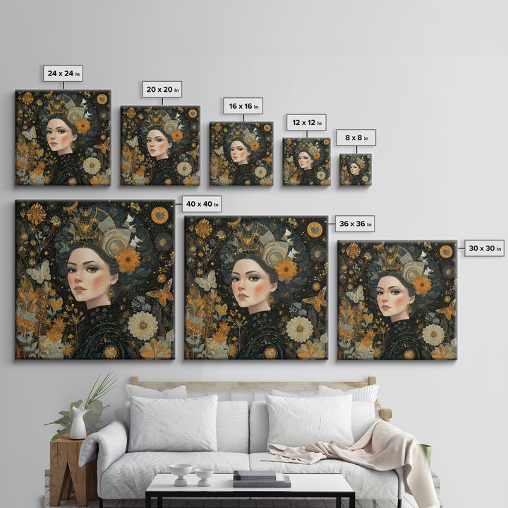 Art Nouveau Woman With Gold Flowers Canvas Print, Feminine Celestial Wall Art, Botanical Portrait Decor, Elegant Gift For Her