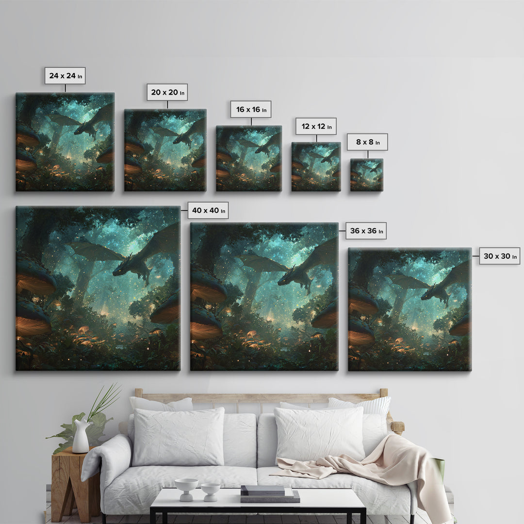 Enchanted Forest Dragon With Glowing Mushrooms Wall Art, Fantasy Canvas Print, Magical Woodland Decor, Gamer Room Decor Gift