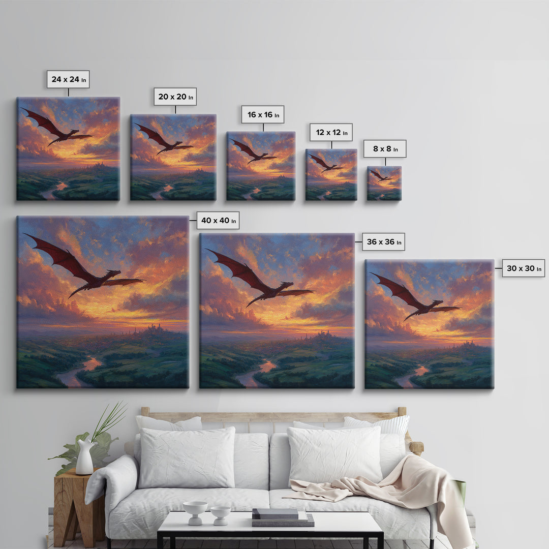 Red Dragon Flying Over Sunset Kingdom Canvas Print, Fantasy Landscape Wall Art, Castle Decor, Epic Gamer Room Gift For Him