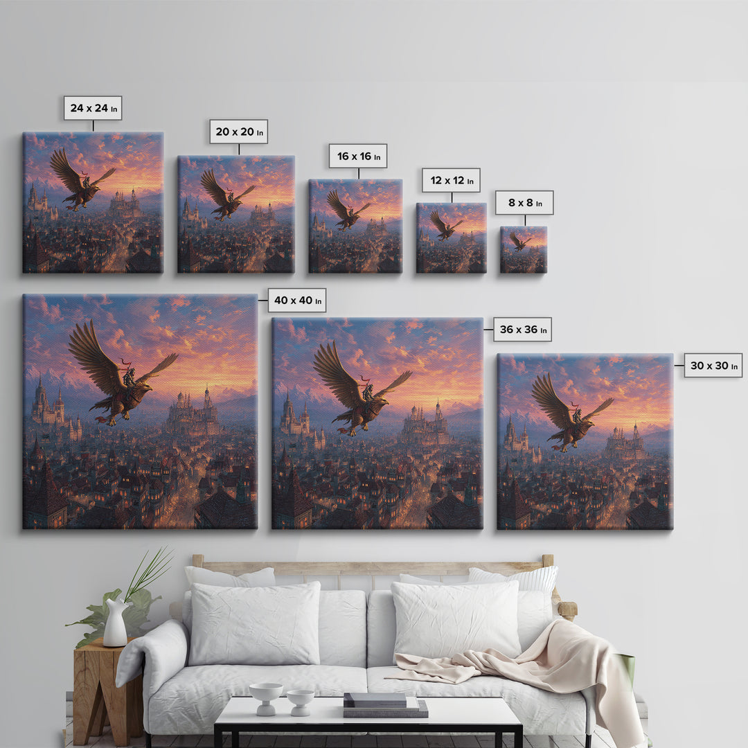 Warrior Riding Griffon Over Medieval City Framed Canvas Print, Fantasy Wall Art, Castle Landscape Decor, Epic Adventure Gift