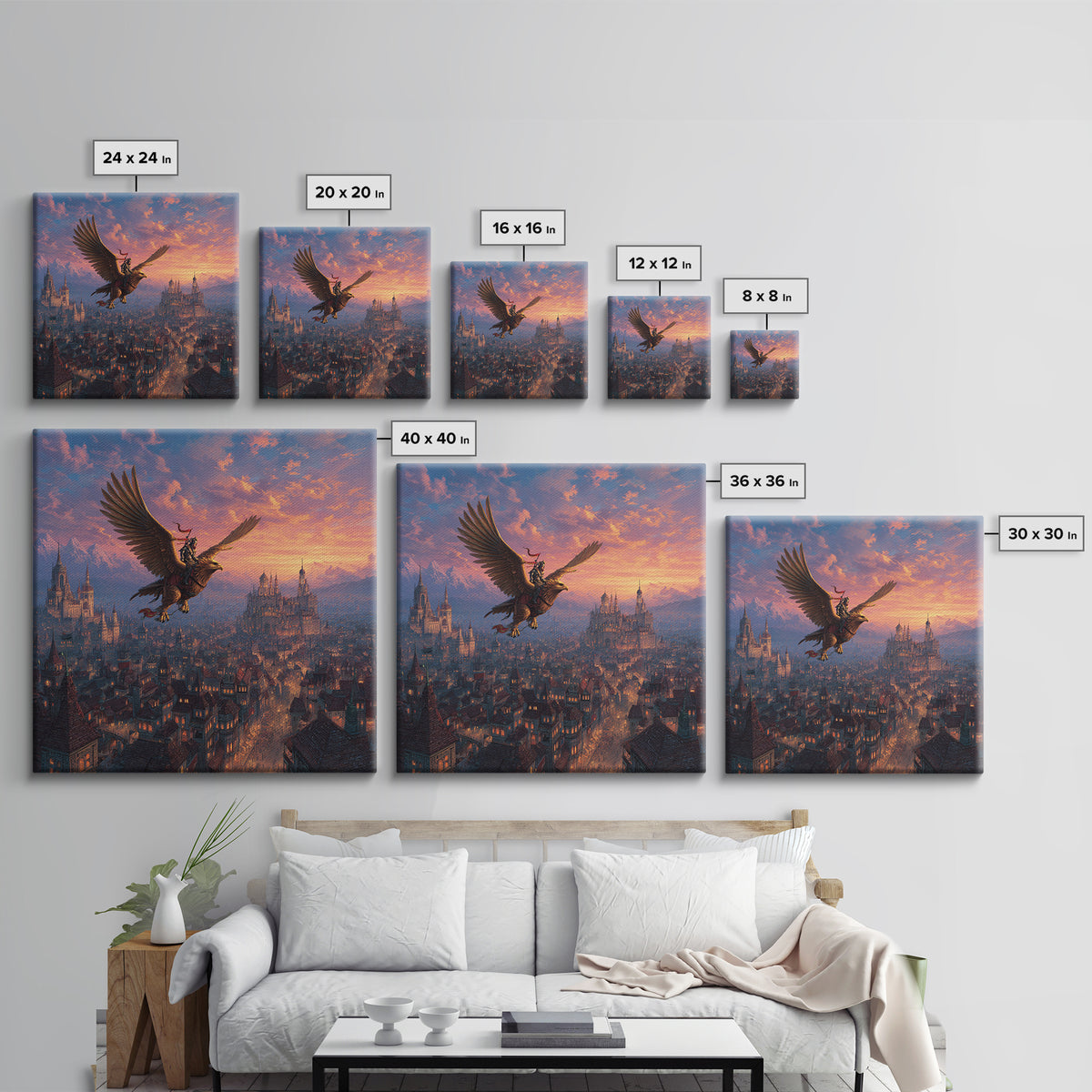 Warrior Riding Griffon Over Medieval City Framed Canvas Print, Fantasy Wall Art, Castle Landscape Decor, Epic Adventure Gift