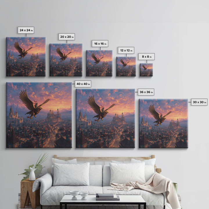 Warrior Riding Griffon Over Medieval City Framed Canvas Print, Fantasy Wall Art, Castle Landscape Decor, Epic Adventure Gift