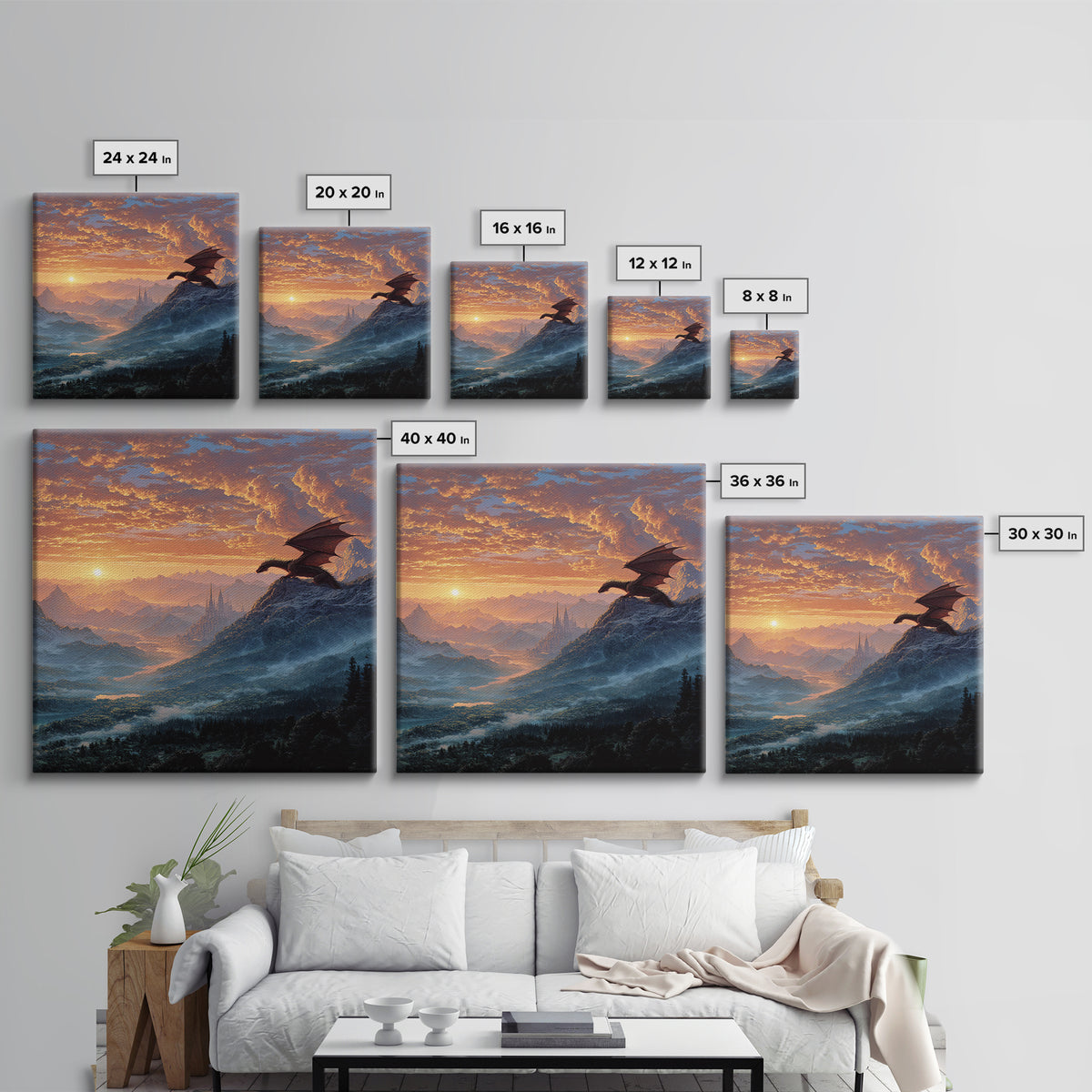Mountain Dragon Watching Sunrise Kingdom Wall Art, Fantasy Landscape Canvas Print, Castle Decor, Epic Adventure Gift For Gamers