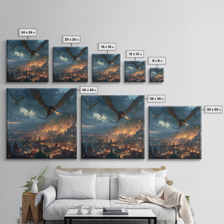 Fire Breathing Dragons Attacking Burning City Canvas Print, Dark Fantasy Wall Art, Medieval Battle Decor, Gamer Room Gift