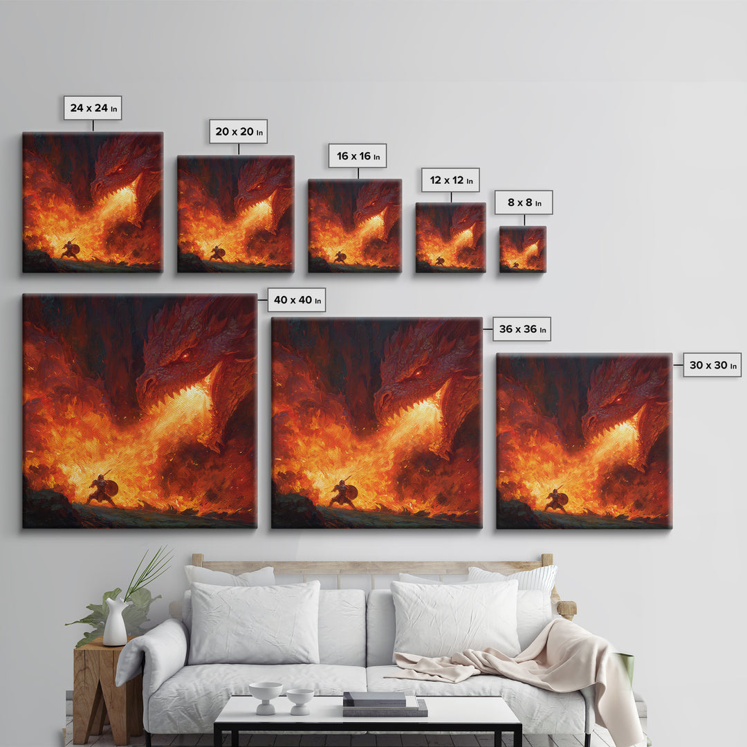 Red Dragon Breathing Fire At Brave Knight Wall Art, Dark Fantasy Canvas Print, Epic Medieval Battle Decor, Gamer Gift For Him