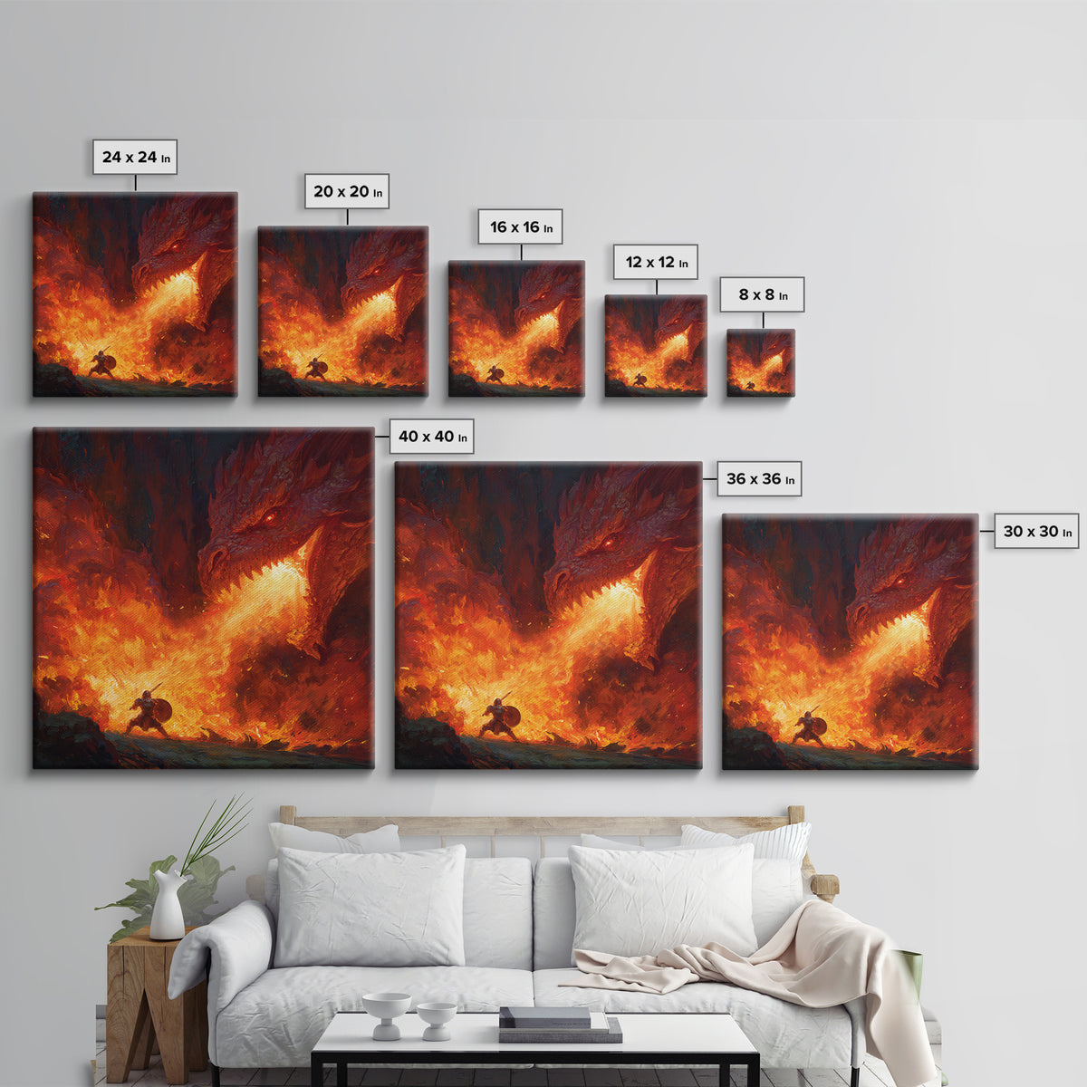 Red Dragon Breathing Fire At Brave Knight Wall Art, Dark Fantasy Canvas Print, Epic Medieval Battle Decor, Gamer Gift For Him