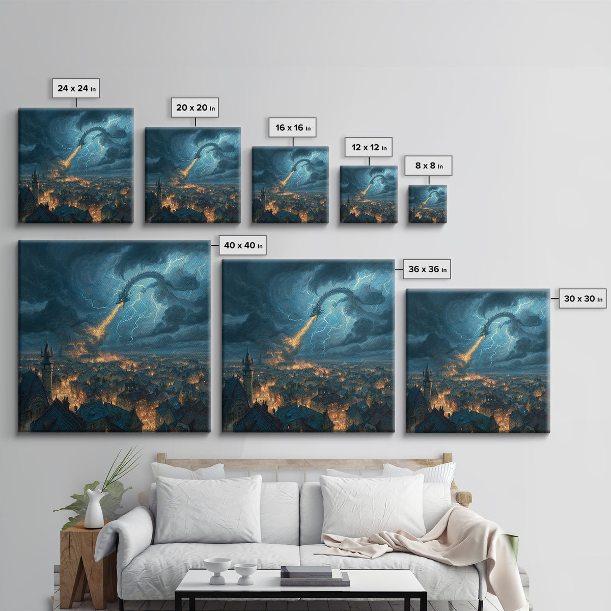 Lightning Dragon Over Stormy Medieval City Canvas Print, Dark Fantasy Wall Art, Dramatic Castle Decor, Gamer Room Gift For Him