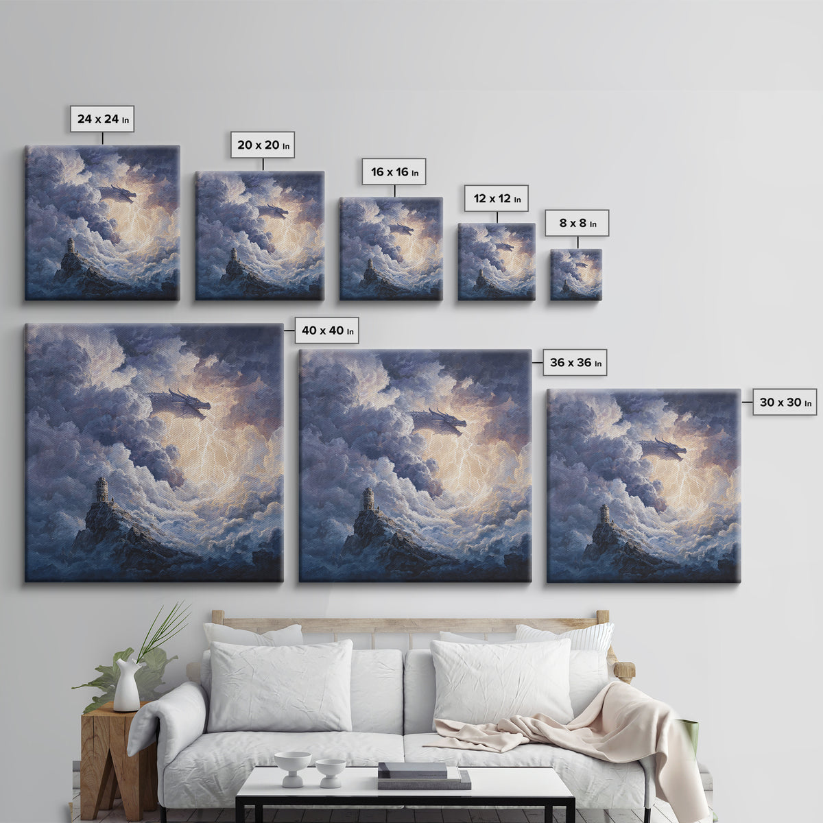 Storm Cloud Dragon With Lightning Above Lonely Tower Wall Art, Dark Fantasy Canvas Print, Gothic Castle Decor, Moody Art Gift