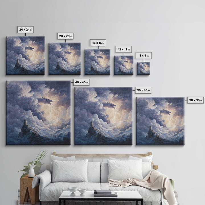Storm Cloud Dragon With Lightning Above Lonely Tower Wall Art, Dark Fantasy Canvas Print, Gothic Castle Decor, Moody Art Gift