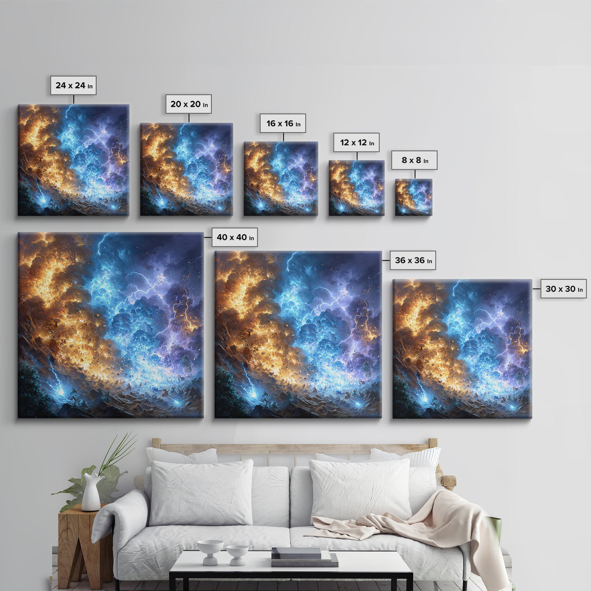 Blue And Gold Elemental Storm Battle Wall Art, Fantasy Canvas Print, Lightning Fire Landscape, Dramatic Gamer Room Decor