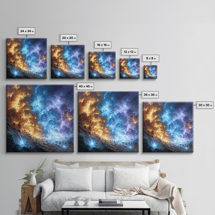 Blue And Gold Elemental Storm Battle Wall Art, Fantasy Canvas Print, Lightning Fire Landscape, Dramatic Gamer Room Decor