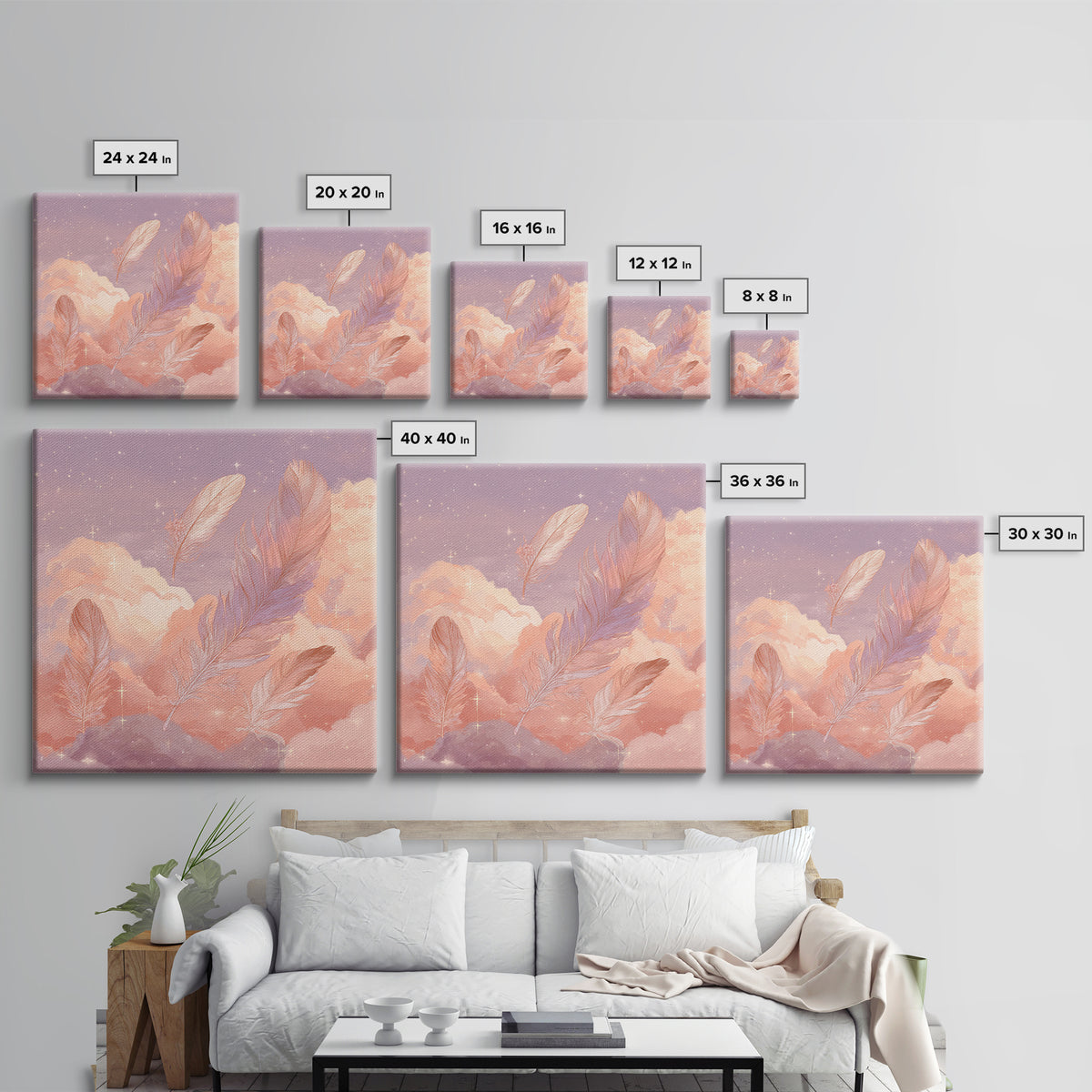 Pink Feathers Floating In Peach Clouds Canvas Print, Celestial Wall Decor, Dreamy Pastel Nursery Art, Whimsical Gift For Her