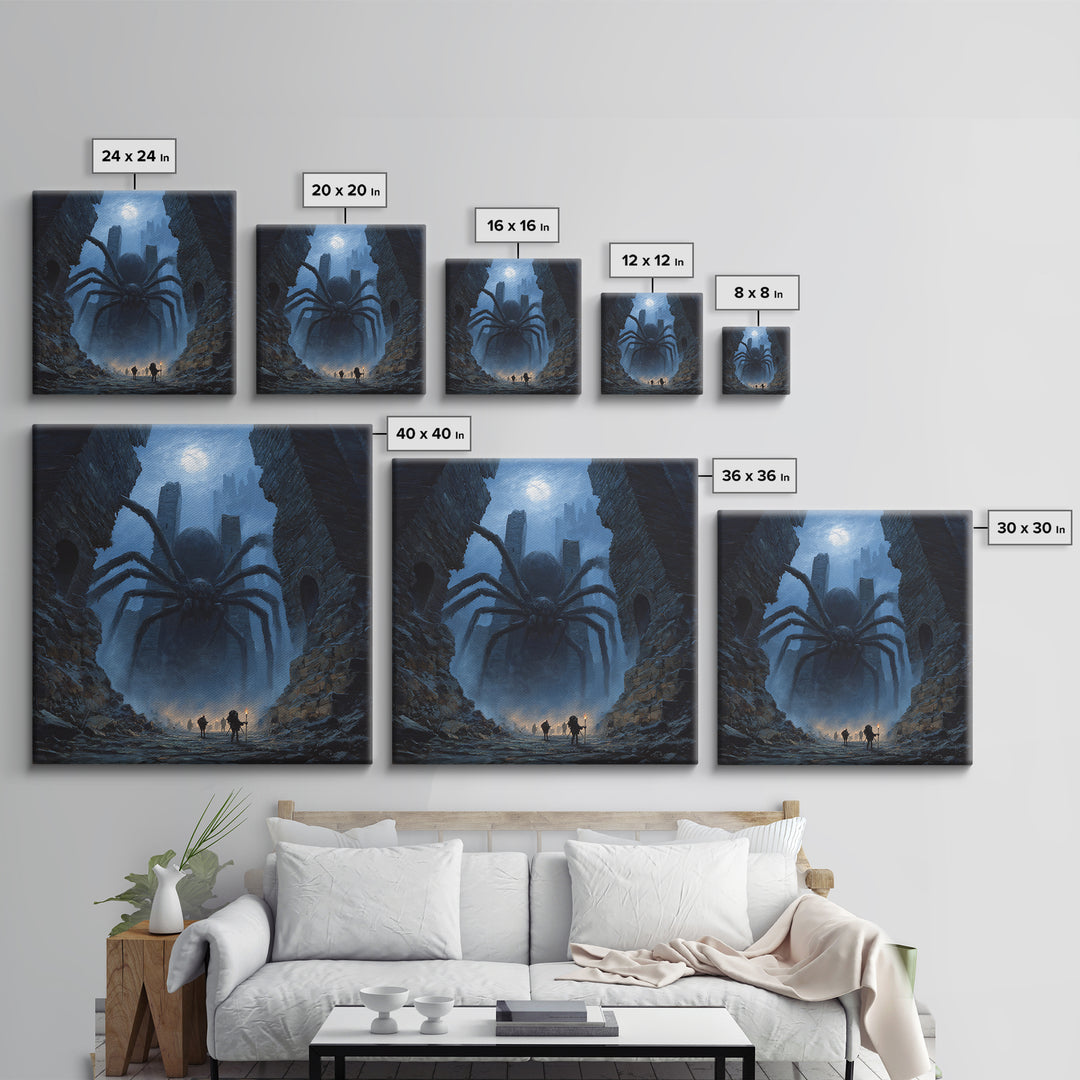 Giant Spider In Moonlit Ruins Wall Art, Dark Fantasy Canvas Print, Gothic Dungeon Decor, Creepy Adventure Gift For Gamers