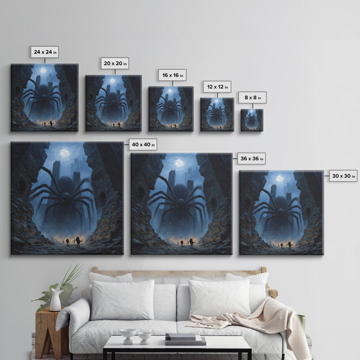 Giant Spider In Moonlit Ruins Wall Art, Dark Fantasy Canvas Print, Gothic Dungeon Decor, Creepy Adventure Gift For Gamers