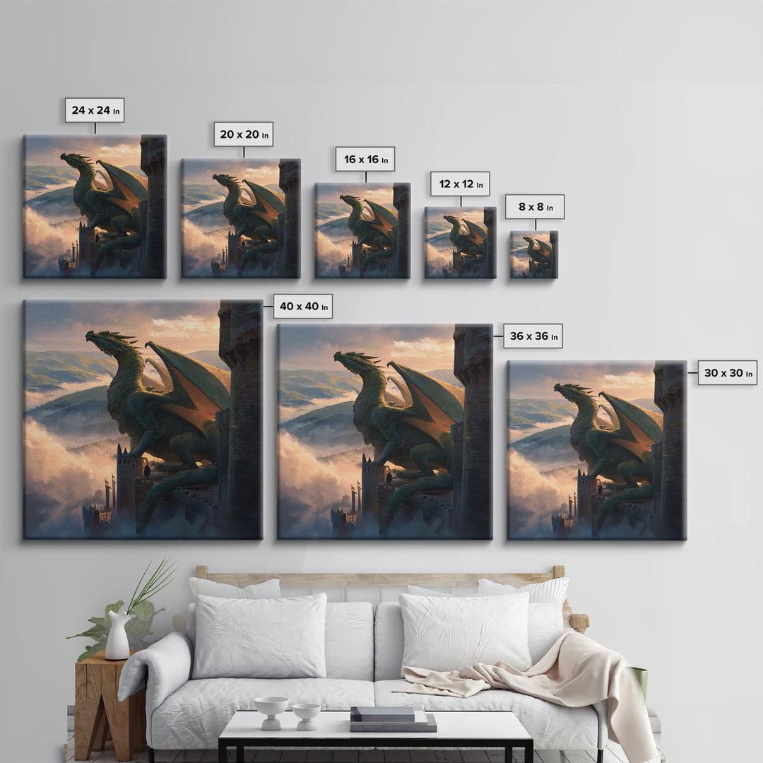 Majestic Dragon On Castle Tower Framed Canvas Print, Fantasy Wall Art, Mountain Landscape Decor, Medieval Adventure Gift