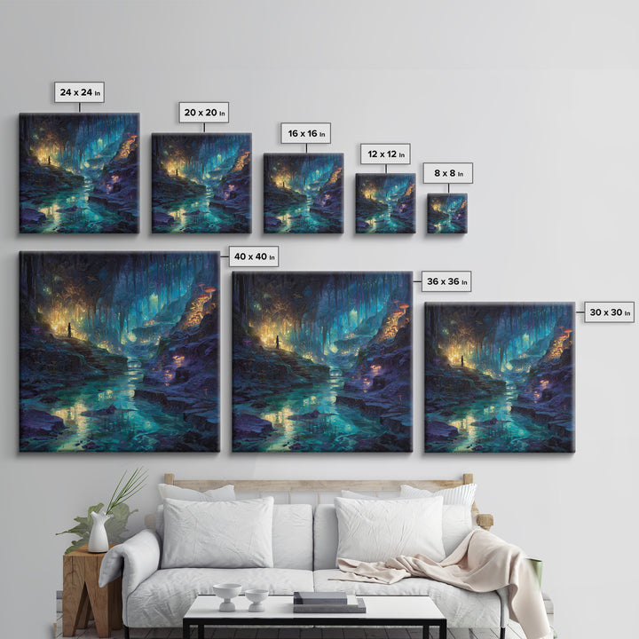 Glowing Crystal Cave River Wall Art, Fantasy Canvas Print, Bioluminescent Mushroom Decor, Magical Landscape Gift For Her