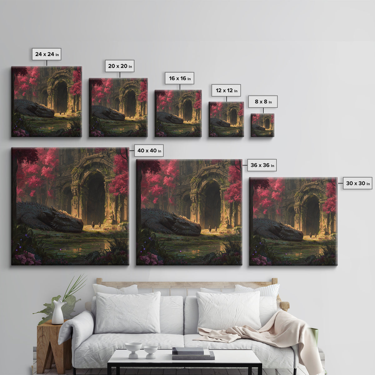 Sleeping Dragon In Crimson Forest Ruins Wall Art, Fantasy Canvas Print, Gothic Garden Decor, Mythical Adventure Gift For Her