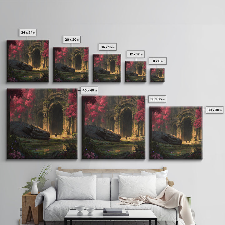 Sleeping Dragon In Crimson Forest Ruins Wall Art, Fantasy Canvas Print, Gothic Garden Decor, Mythical Adventure Gift For Her