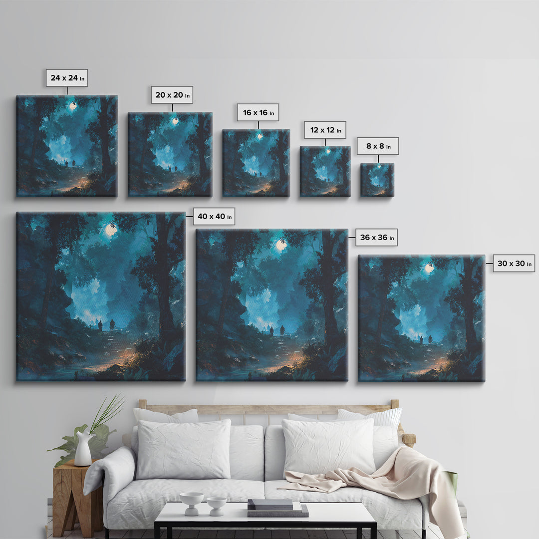 Moonlit Blue Forest Path Wall Art, Fantasy Canvas Print, Mystical Landscape Decor, Calming Adventure Gift For Nature Lovers