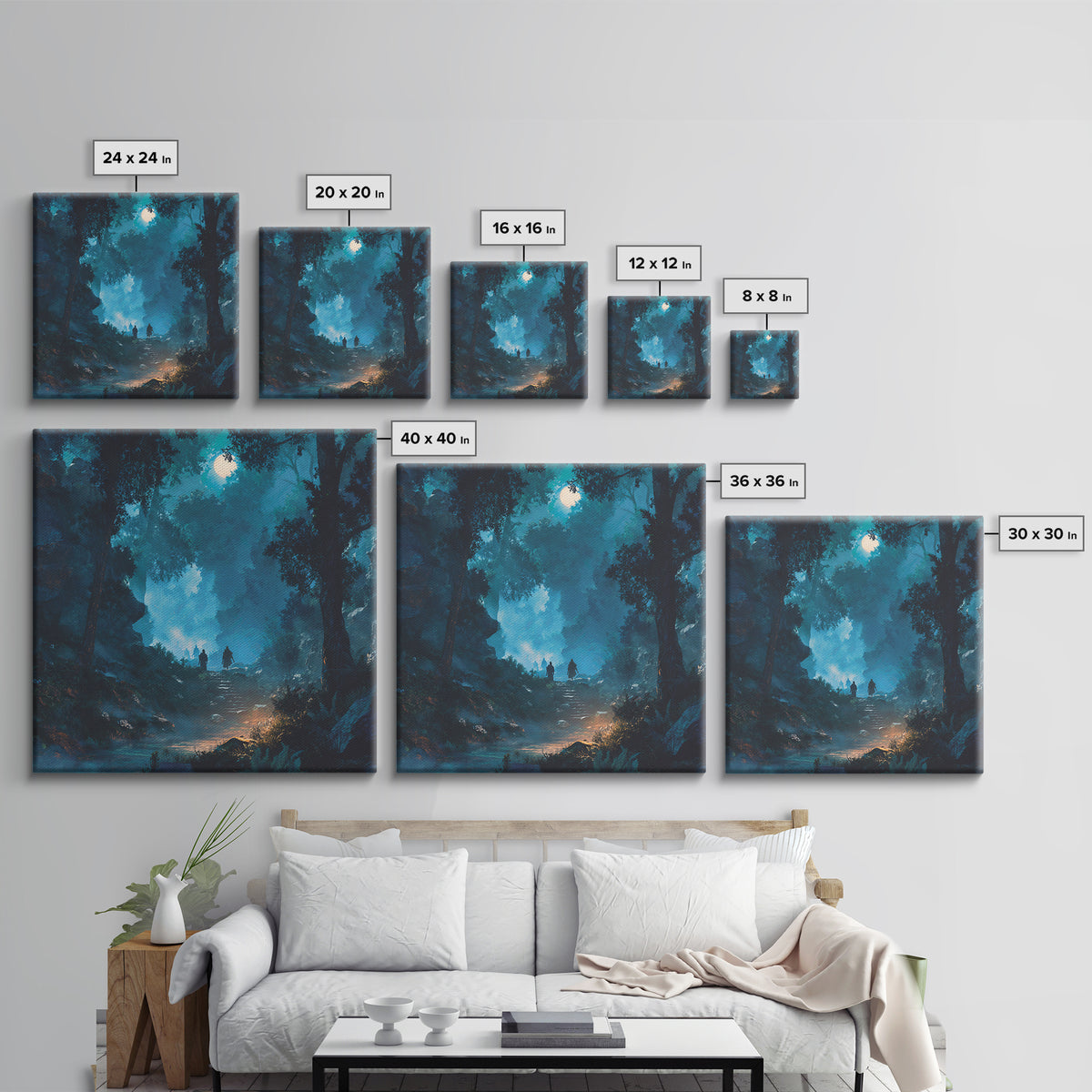 Moonlit Blue Forest Path Wall Art, Fantasy Canvas Print, Mystical Landscape Decor, Calming Adventure Gift For Nature Lovers