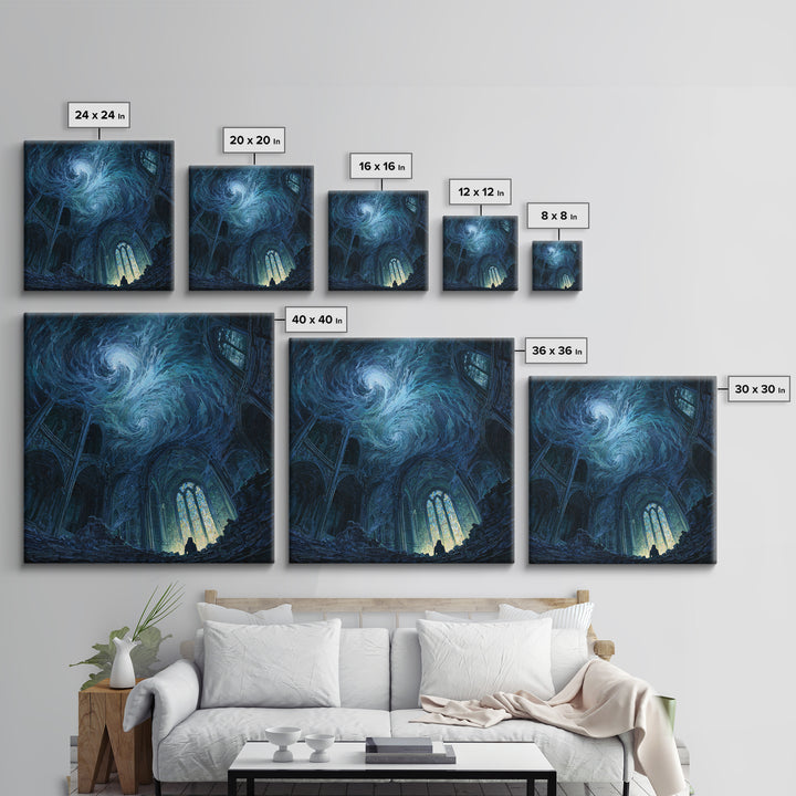 Swirling Starry Cathedral Ruins Wall Art, Gothic Canvas Print, Celestial Fantasy Decor, Moody Dark Academia Gift For Her