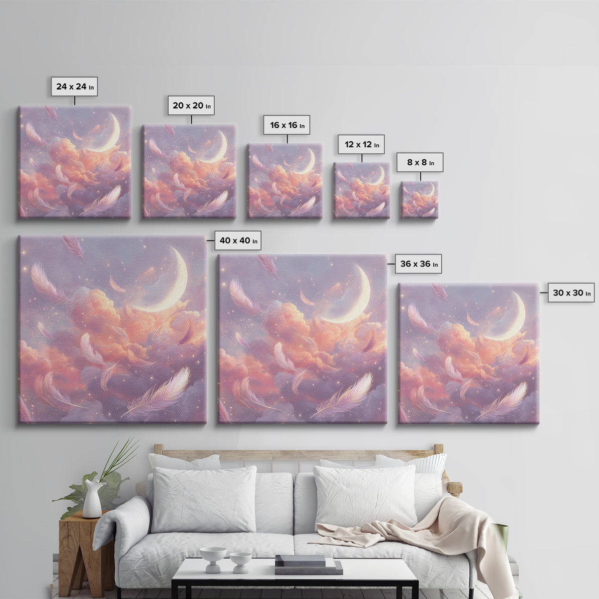 Crescent Moon And Floating Feathers Framed Canvas Print, Celestial Wall Art, Dreamy Cloud Decor, Pastel Nursery Gift For Her