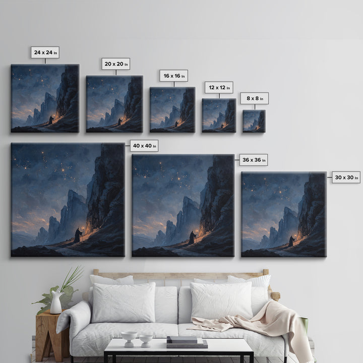 Lone Wizard On Starlit Mountain Path Canvas Print, Moody Fantasy Landscape Art, Dark Academia Office Wall Decor For Study Room