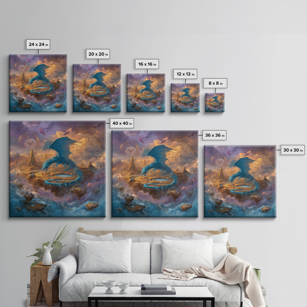 Blue Dragon Over Floating Clockwork Islands Wall Art, Epic Fantasy Canvas Print, Surreal Sky Castle Gaming Room Decor Gift