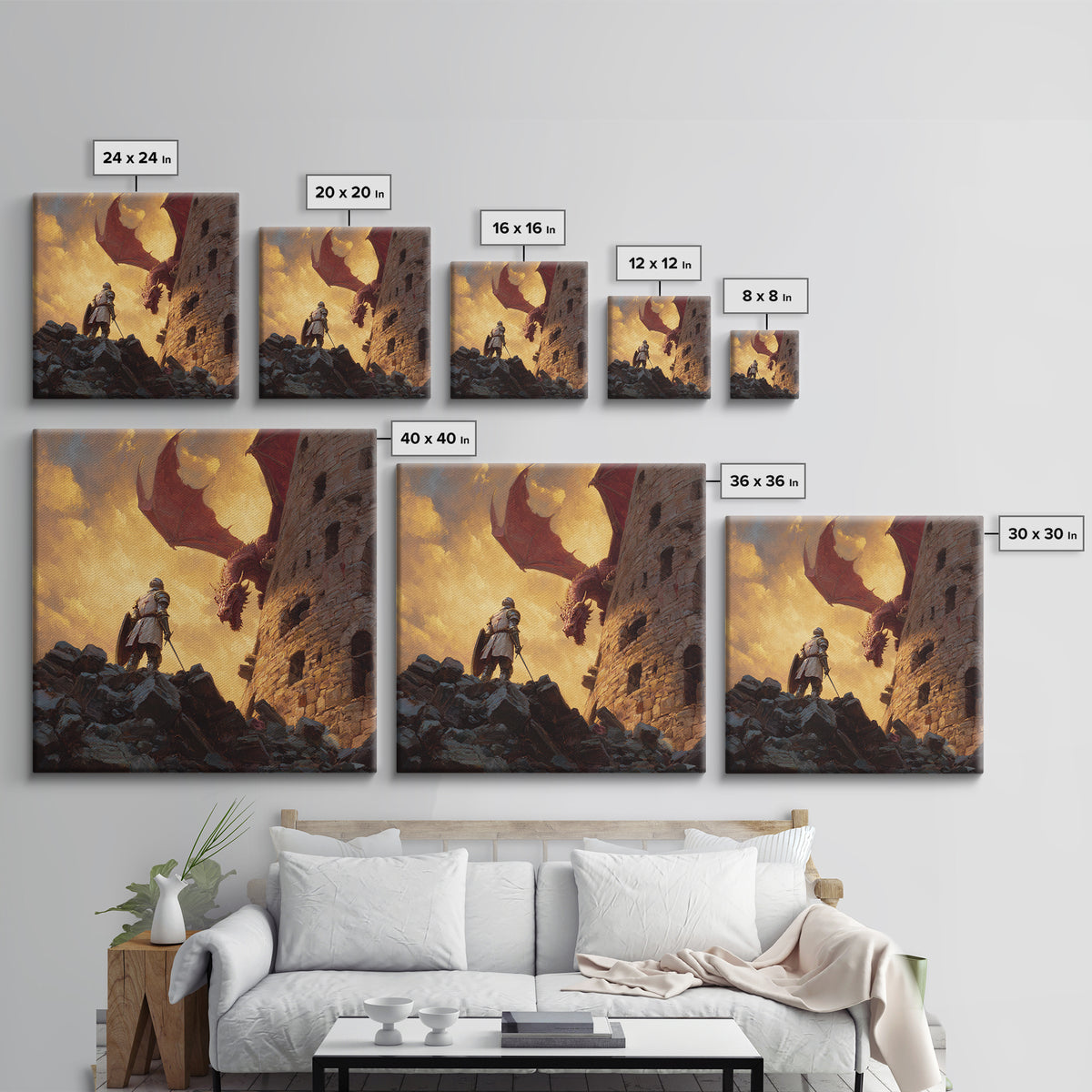 Knight Facing Red Dragon By Castle Tower Framed Canvas Print, Medieval Fantasy Wall Art, Epic Gaming Room Decor Gift For Him