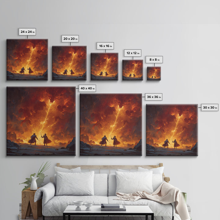 Heroes Battling Fire Demon In Inferno Wall Art, Dark Fantasy Canvas Print, Epic Dungeons And Dragons Gaming Room Decor Gift