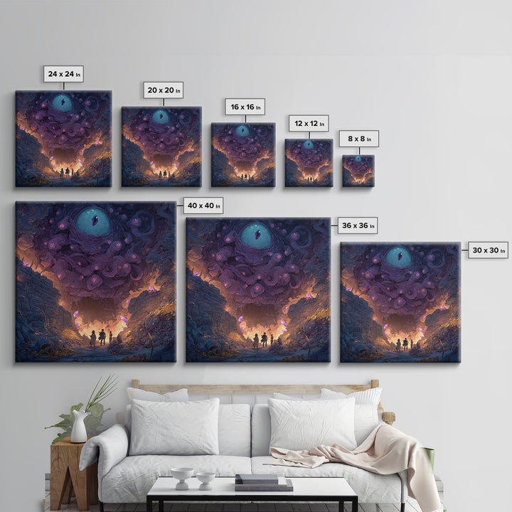 Adventurers Beneath Giant Cosmic Eye Canvas Print, Surreal Dark Fantasy Wall Art, Dungeon Cave Gaming Room Decor Gift For Him