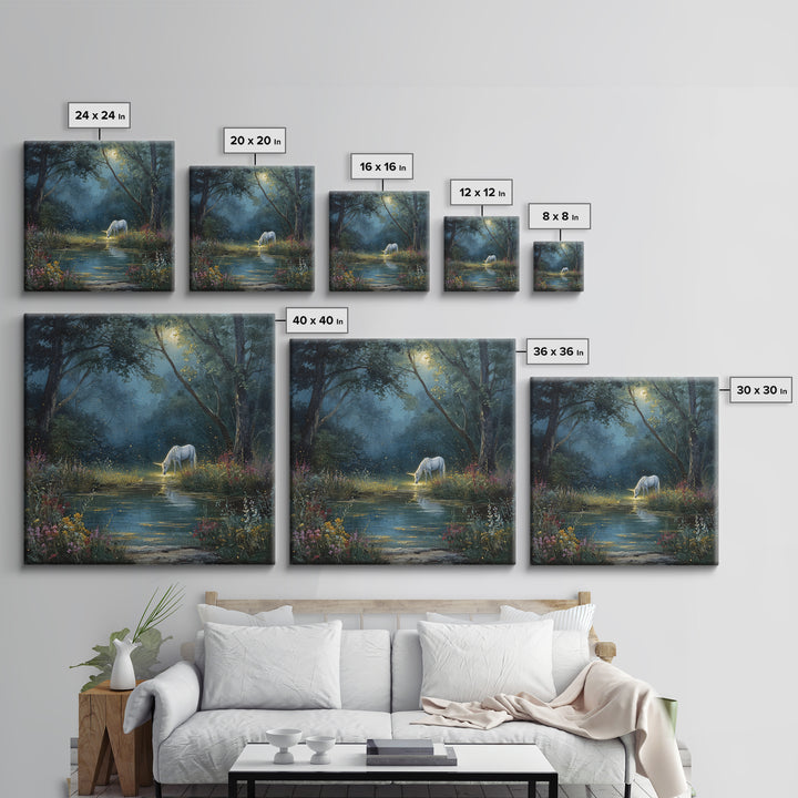 White Unicorn By Moonlit Forest Stream Wall Art, Enchanted Woodland Fantasy Canvas Print, Dreamy Nursery Decor Gift For Kids Room