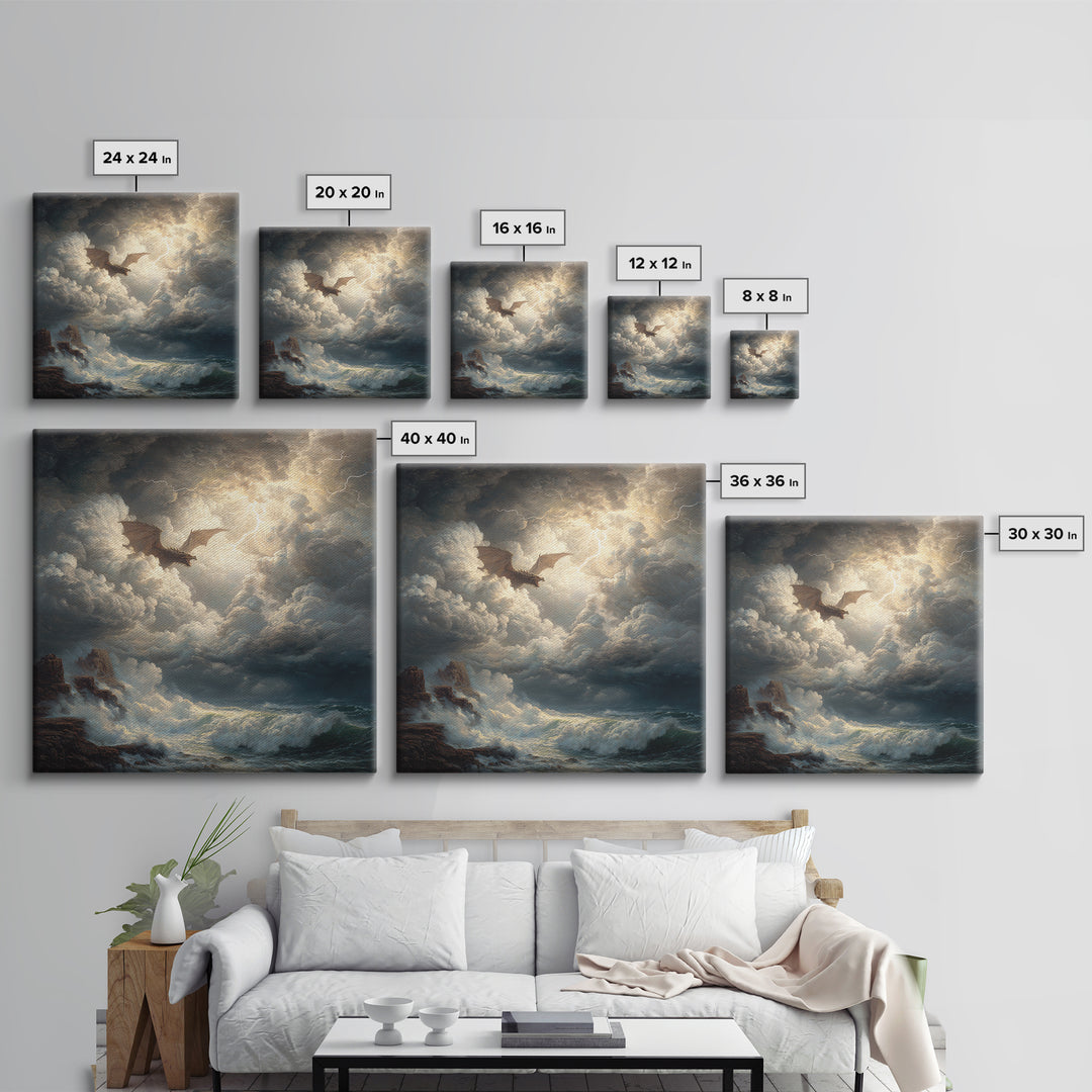 Dragon Flying Through Lightning Storm Over Ocean Wall Art, Dark Fantasy Seascape Canvas Print, Nautical Gothic Decor Gift